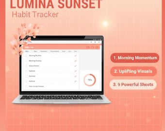 Lumina Sunset Habit Tracker | Pfirsich Koralle Theme, 30+ Habits, Analytik (Excel / Sheets)
