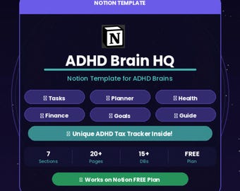ADHS Notion Planer | Digitale Produktivitätsvorlage | Brain Dump Notizbuch | Dopamin-Belohnungssystem | Neurovielfalter Organisator