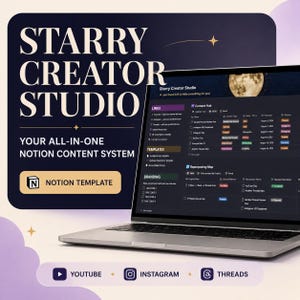 May include: A silver laptop displaying the Starry Creator Studio Notion template with a dark interface, moon graphic, and content hub dashboard. The text reads Starry Creator Studio, Your All-in-One Notion Content System, Notion Template, YouTube, Instagram, and Threads.