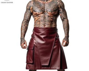 Men’s Red Leather Kilt | Moto Punk Utility Style | Buckle Straps & Pocket Details | Rugged Street Style Look