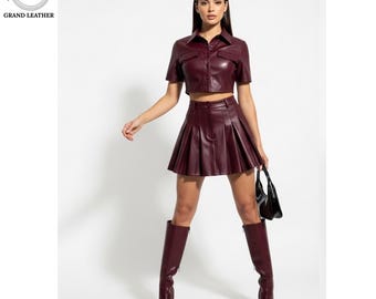 Conjunto de dos piezas de piel de primera calidad para mujer / Top corto y falda a juego / Conjunto gótico para salir de noche / Regalo para ella