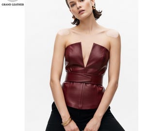 Premium Burgndy Leather Tube Top | Strapless Slim Fit Bodysuit | Sexy Club & Rave Streetwear | Adjustable Fit | Gift for Her