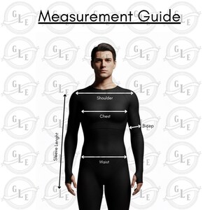 May include: A black long-sleeved garment with a measurement guide overlay. The guide labels shoulder, chest, bicep, waist, and sleeve length. The text "Measurement Guide" is at the top.