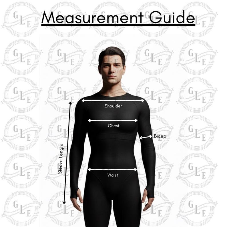 May include: A black long-sleeved garment with a measurement guide overlay. The guide labels shoulder, chest, bicep, waist, and sleeve length. The text "Measurement Guide" is at the top.