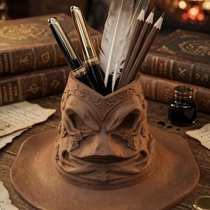 May include: A brown, sculpted desk organiser shaped like a weathered, wide-brimmed hat with deep facial features and intricate embossed patterns. It holds two fountain pens with gold accents, two grey-tipped feathers, and three dark wooden pencils.