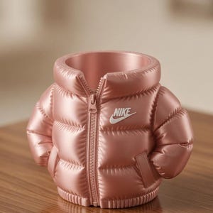 May include: A rose gold puffer jacket shaped container with a central zip, a high collar, and two side pockets. The Nike logo is printed in white on the left chest. The text Rose Gold is displayed in a serif font above the object.