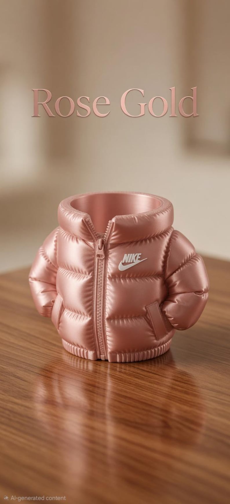May include: A rose gold puffer jacket shaped container with a central zip, a high collar, and two side pockets. The Nike logo is printed in white on the left chest. The text Rose Gold is displayed in a serif font above the object.