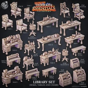 May include: A collection of miniature library furniture, including chairs, desks, tables, and bookshelves. The pieces are light brown and intricately detailed, with some items featuring books and decorative elements. The image is labeled "Library Set: Desks, Tables and Chairs."