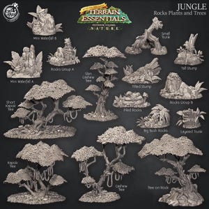May include: A collection of miniature jungle terrain elements, including trees, rocks, and waterfalls. The set features various tree types like Kapok and Cashew, along with rock formations and a layered trunk. The text "Terrain Essentials" is visible.
