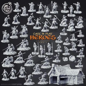 Könnte beinhalten: Eine Sammlung von 3D-gedruckten Miniaturfiguren, darunter Krieger, Magier und andere Fantasy-Charaktere. Die Figuren sind in verschiedenen Posen, einige halten Waffen. Der Text "CAST N PLAY HEROES COLLECTION VOL. 1" ist sichtbar. Ein kleines Gebäude ist ebenfalls enthalten.