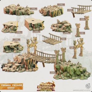 May include: A collection of Viking-themed bridge terrain pieces for tabletop gaming. The set includes various platforms, bridge blanks, arches, and totem poles, all in a weathered, stone-like finish. The pieces are designed to create a detailed and immersive gaming environment.