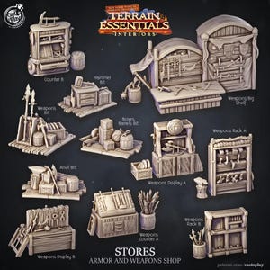 May include: A selection of miniature store models for a fantasy game, including weapon racks, counters, and shelves. The models are beige and feature detailed designs, such as barrels, boxes, and various weapons. The text "Terrain Essentials Interiors" is visible.