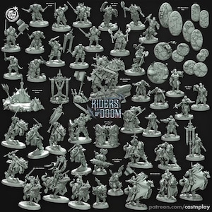 May include: A collection of unpainted miniature figurines, including warriors, monsters, and terrain pieces. The miniatures are in various poses, some on horseback, and are designed for tabletop gaming. The title "Riders of Doom" is visible on the image.