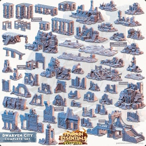 May include: A collection of grey and blue Dwarven City terrain pieces, including modular platforms, walls, a mine, bridge, and debris. Ideal for tabletop gaming, the set features detailed miniature structures. The text 'Dwarven City Complete Set' is visible.