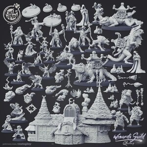 May include: A collection of 3D-printed miniatures from the "Wizard's Guild Collection" by Cast N Play. The set includes various fantasy figures such as wizards, mythical creatures, and architectural elements, all in a neutral color.