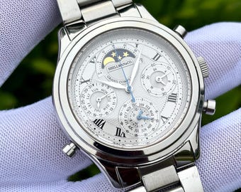 Klasyczny japoński zegarek kwarcowy Shellman Grand Complication z chronografem i fazami księżyca