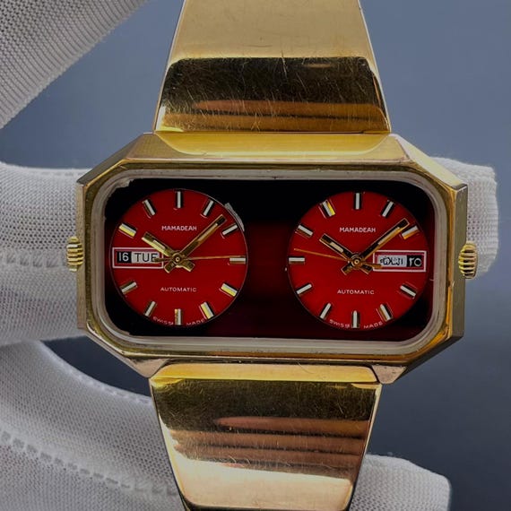 Vintage Mamadeah Automatic Red Ruby Double Dial 4… - image 5