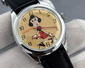 Montre vintage rare pour femme Popeye « OLIVE OYL » dessin animé à remontage manuel suisse