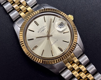 Vintage Rotary Datejust Fluted Bezel Sunburst Dial Swiss Men's Quartz Watch 3689