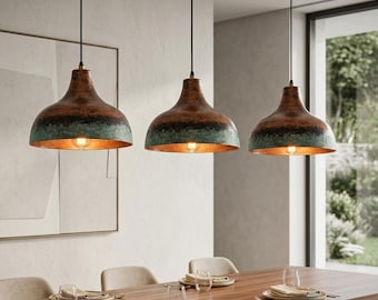 Set of 3 Handmade Green Patina Copper Pendant Light: Rustic Island Lighting