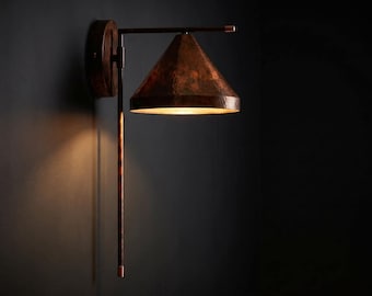 Hand Hammered Copper Wall Sconce, Industrial Cone Shade Reading Light, Mid Century Decor
