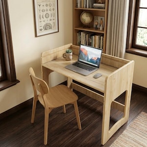 Puede incluir: Un juego de escritorio y silla de madera clara. El escritorio tiene una parte trasera elevada incorporada y un portátil con un paisaje de montaña en la pantalla. Una pequeña planta suculenta en una taza está sobre el escritorio. La silla tiene respaldo curvo.