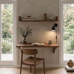 An der Wand befestigter Klapptisch mit Regalen, Murphy-Schreibtisch, platzsparender klappbarer Esstisch, kleiner Raum modern, minimalistisch