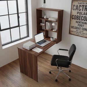 An der Wand befestigter Klapptisch-Schreibtisch mit Regalen, platzsparender Murphy-Schreibtisch, faltbarer Esstisch, kleiner Raum, modernes Heimbüromöbel