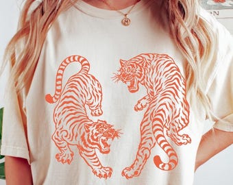Comfort Colors® Vintage Japanese Tiger Shirt, Fighting Tigers Graphic Tee, Retro Tattoo Streetwear