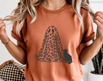 Comfort Colors® Ghost Cat Shirt, Leopard Ghost Tee, Halloween Cat Tee, Spooky Season Gift