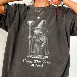 May include: A charcoal gray short-sleeve t-shirt featuring a white graphic of a frog wearing a wizard hat and robe while holding a staff. Below the frog, the text reads T was The 'Tism M'lord. The shirt has a crew neckline and a relaxed fit.