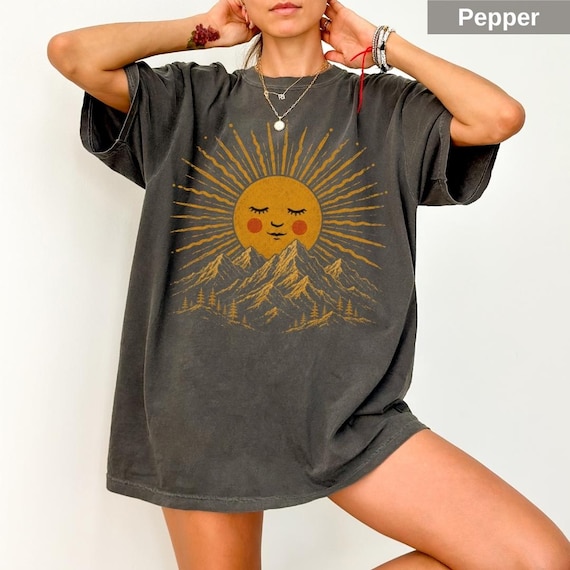Comfort Colors® Vintage Boho Sun Shirt, Sun Face Mountain Tee, Granola Girl Hippie
