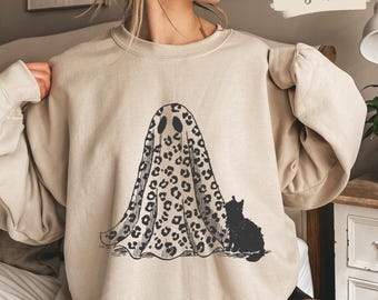 Ghost Cat Sweatshirt, Leopard Ghost Crewneck, Halloween Cat Graphic, Spooky Season Gift