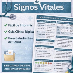 May include: A reference sheet for vital signs, featuring a stethoscope and medical information. The sheet includes sections on blood pressure, respiratory rate, temperature, and pain scales. Text includes "Easy to Print" and "Digital Download".