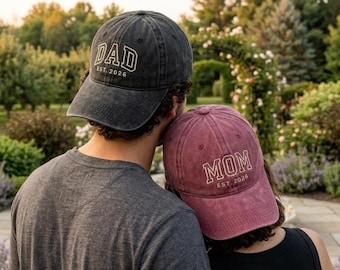 Boné personalizado bordado "Mamãe e Papai Est. 2026", boné para anúncio de gravidez, presente para novos pais, boné de beisebol personalizado para pais, presentes para o Dia das Mães.