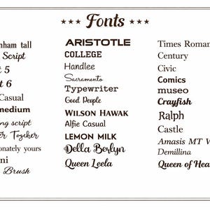 Pode incluir: Imagem que mostra diferentes estilos de fonte, como 'Times Roman', 'Comics' e 'Crayfish'. A palavra 'Fonts' est&aacute; no topo, com os exemplos de fonte dispostos abaixo. A imagem tem uma borda decorativa.