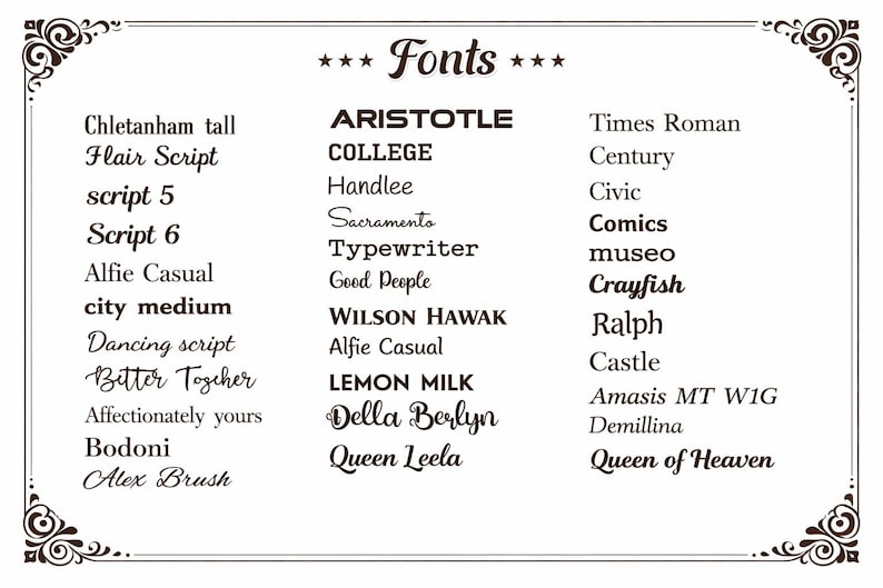 Pode incluir: Imagem que mostra diferentes estilos de fonte, como 'Times Roman', 'Comics' e 'Crayfish'. A palavra 'Fonts' est&aacute; no topo, com os exemplos de fonte dispostos abaixo. A imagem tem uma borda decorativa.