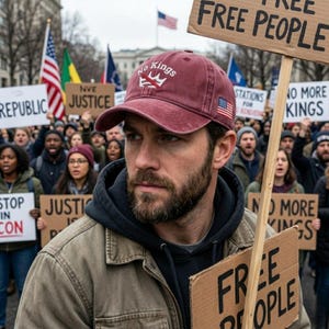 Pode incluir: Bon&eacute; de beisebol bord&ocirc; com o texto "No Kings" e um pequeno patch da bandeira americana. A imagem mostra um homem em uma multid&atilde;o segurando uma placa que diz "Free People". Outras placas dizem "Justice" e "No More Kings".