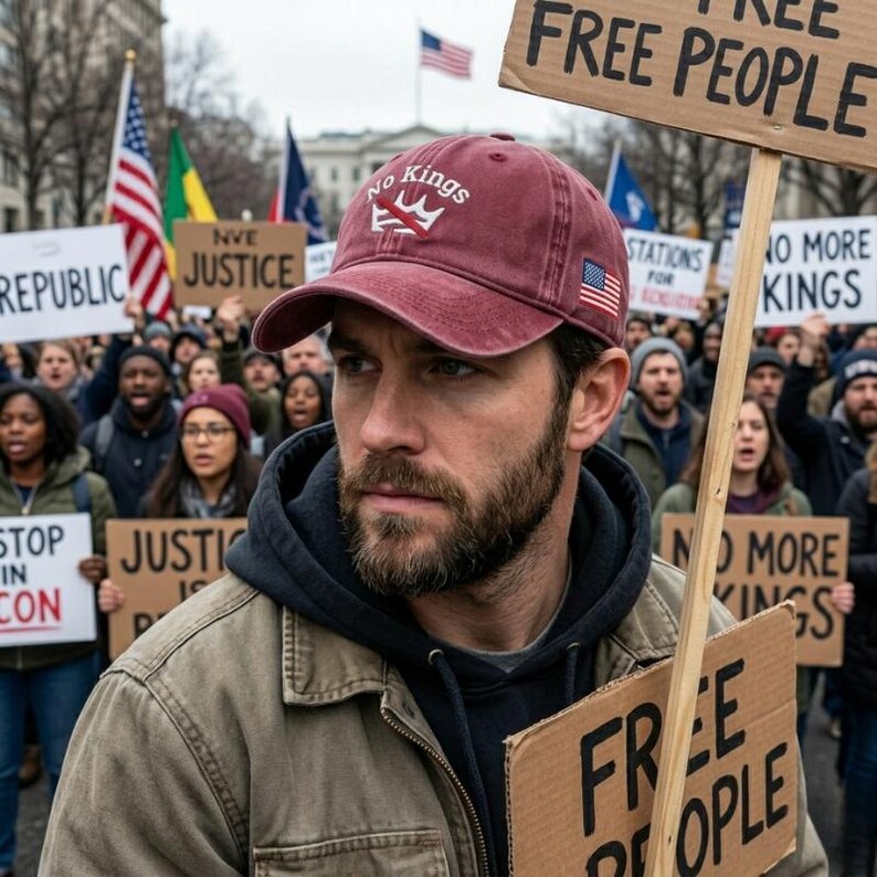 Pode incluir: Bon&eacute; de beisebol bord&ocirc; com o texto "No Kings" e um pequeno patch da bandeira americana. A imagem mostra um homem em uma multid&atilde;o segurando uma placa que diz "Free People". Outras placas dizem "Justice" e "No More Kings".
