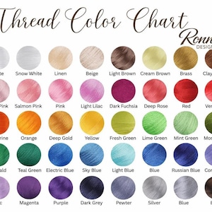 Pode incluir: Um gr&aacute;fico de cores de linha com uma variedade de cores, incluindo branco, rosa, laranja, amarelo, verde, azul, roxo e marrom. O gr&aacute;fico &eacute; rotulado como "Thread Color Chart" com o logotipo Ronnie DESIGNART.