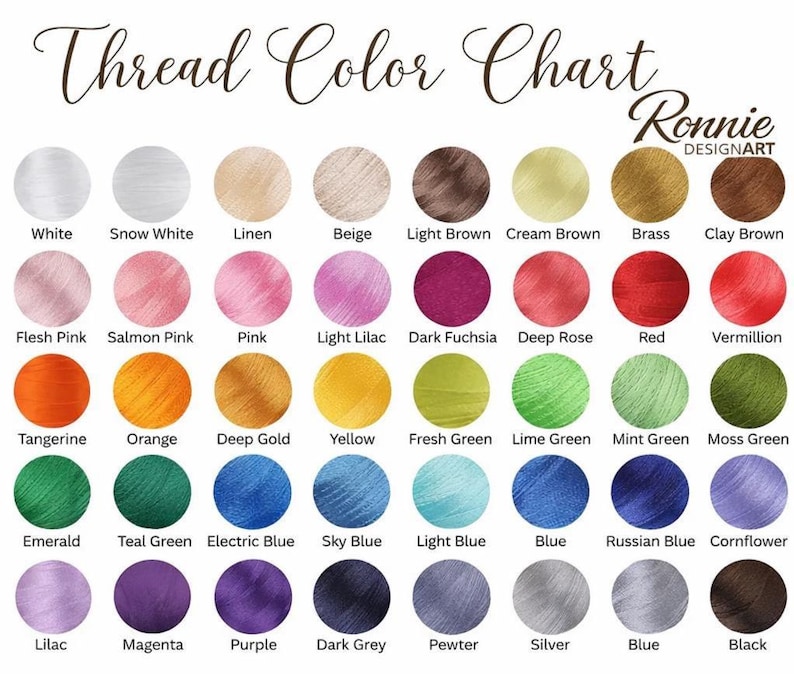 Pode incluir: Um gr&aacute;fico de cores de linha com uma variedade de cores, incluindo branco, rosa, laranja, amarelo, verde, azul, roxo e marrom. O gr&aacute;fico &eacute; rotulado como "Thread Color Chart" com o logotipo Ronnie DESIGNART.