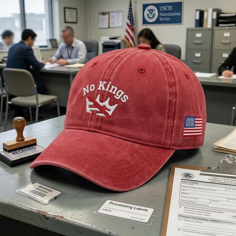 Pode incluir: Bon&eacute; de beisebol vermelho com as palavras "No Kings" bordadas em branco acima de um desenho de coroa. Um patch da bandeira americana est&aacute; na lateral. O bon&eacute; est&aacute; em uma mesa com documentos e um carimbo "Recebido".