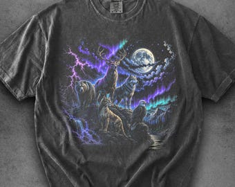 Camiseta Vintage Wildlife Spirit, Camiseta Retrô com Animais da Floresta, Estampa da Natureza dos Anos 90, Camiseta Moonlight Wilderness, Presente para Amantes da Vida Selvagem