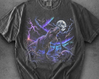 Camiseta vintage de dinosaurio T-Rex, camiseta retro de dinosaurio jurásico, gráfico prehistórico de los 90, camiseta de dinosaurio a la luz de la luna, regalo para amantes de los dinosaurios,