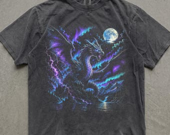 Dragon Moon Graphic Tee, Fantasy Dragon Shirt, Vintage Storm Dragon Comfort Colors Shirt, Celestial Dragon Art Tee, Mythical Creature Gift