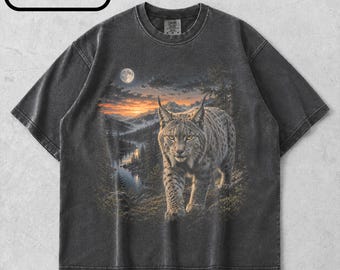 Camiseta Lynx Moon Comfort Colors, Camiseta retrô anos 90 com estampa de animais selvagens, Camiseta com estampa de lince e natureza, Presente para amantes da natureza, Camiseta vintage estilo cottagecore com animais