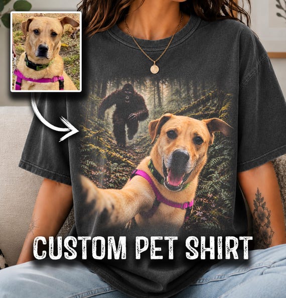 Custom Dog Photo Shirt, Custom Bigfoot Running After Dog Shirt, Personalized Dog Selfie Tee, Dog Lover Gift, Dog Dad Gift, Comfort Colors