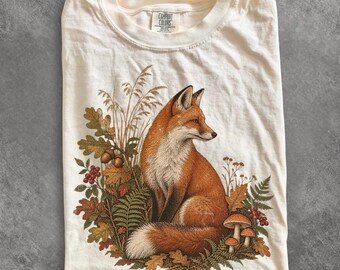 Vintage Fox Woodland Graphic Tee, Retro Forest Wildlife Shirt, Mushroom Nature Lover Gift, Comfort Colors Unisex Woodland Graphic Tee.