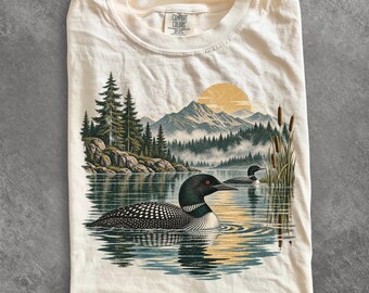 Old School Loon Lake Graphic Tee, Wildlife Nature Bird Shirt, Rustic Mountain Outdoor Vintage Top, Comfort Colors® Birdwatcher Gift Tee