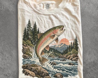 Rainbow Trout Fly Fishing Shirt, Mountain River Angler Tee, Vintage Fish Graphic, Comfort Colors Outdoor Fishing Gift, Retro Angler Gift